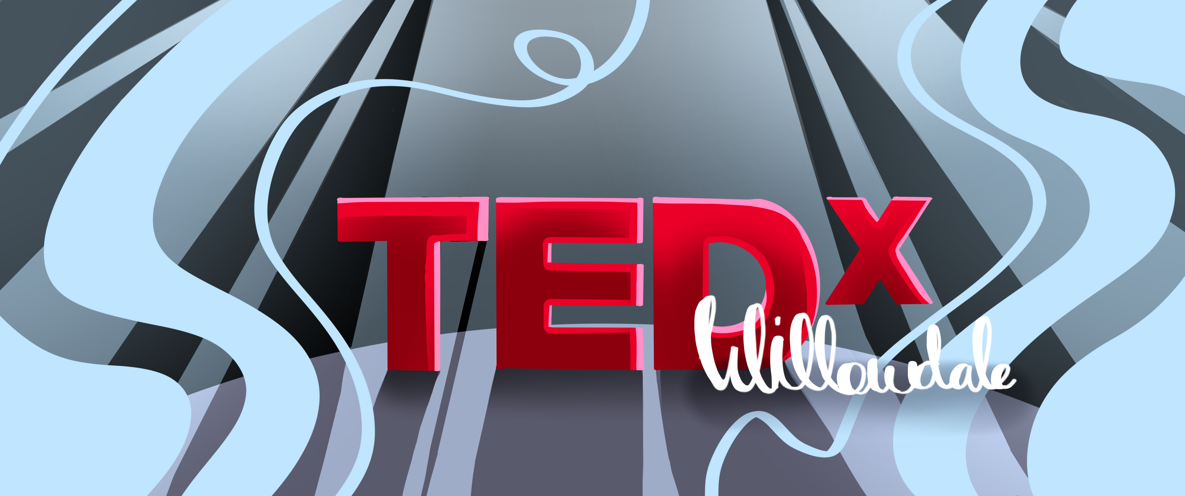 TEDxWillowdale event artwork with red TEDx lettering and blue ribbon shapes